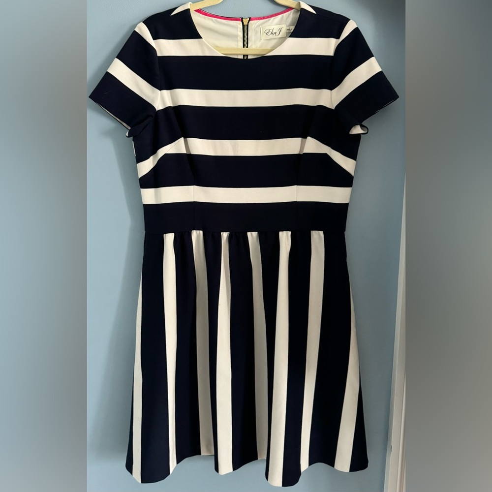 Navy Blue and White striped Eliza J dress. (Size14)